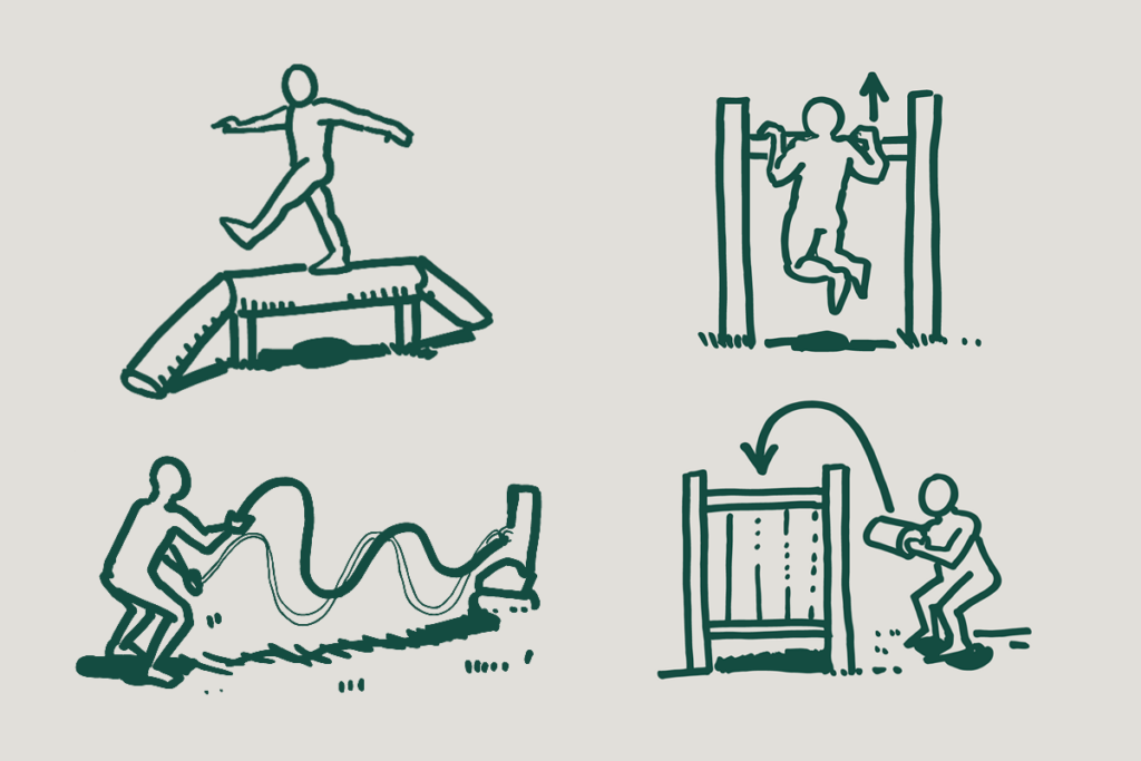 Illustrerade streckgubbar som utför olika övningar på rörelsestationerna